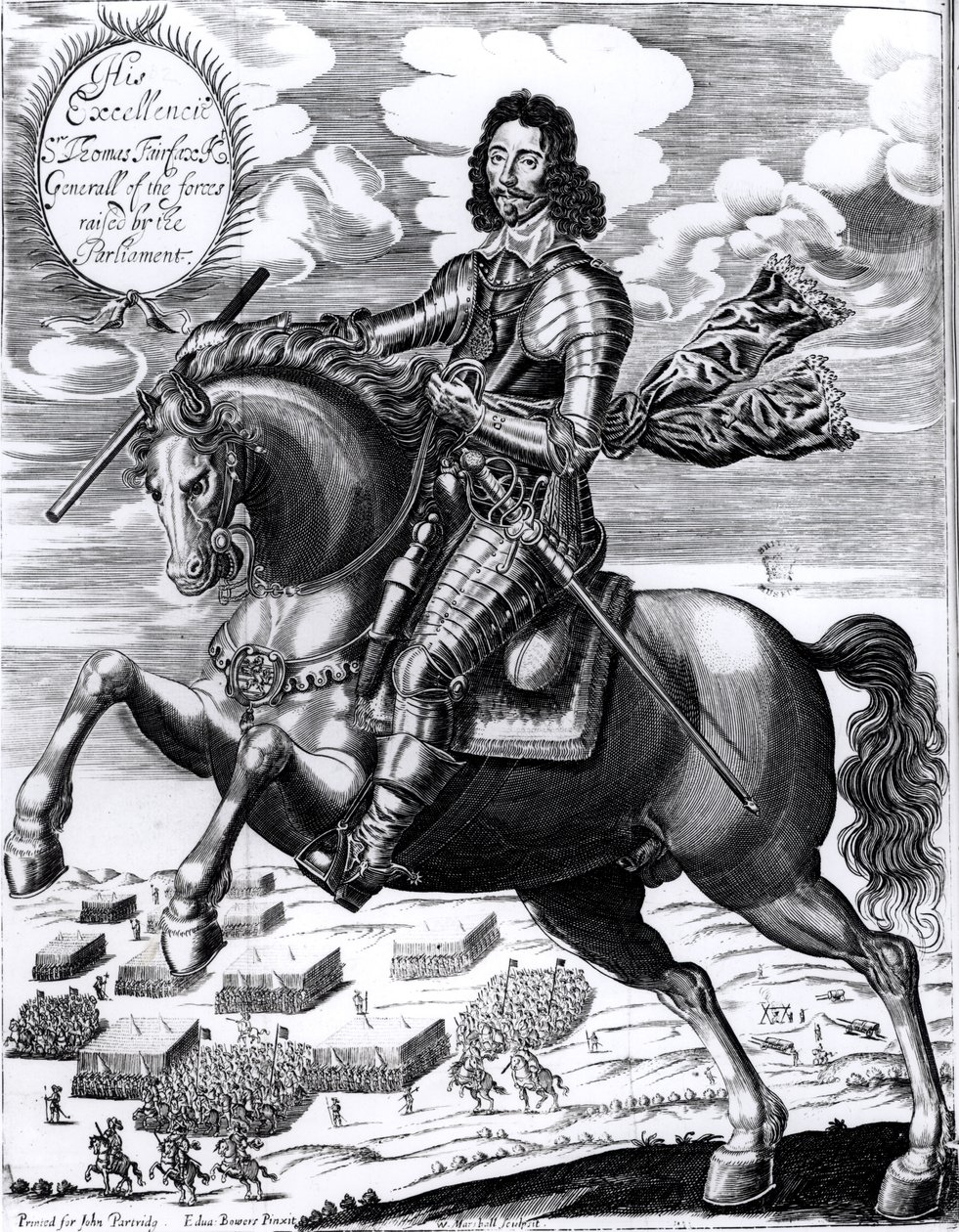 Portret konny jego Ekscelencji Sir Thomasa Fairfaxa (1617-71) 3. barona, rytowany przez Williama Marshalla (fl.1617-49) autorstwa Edward Bower