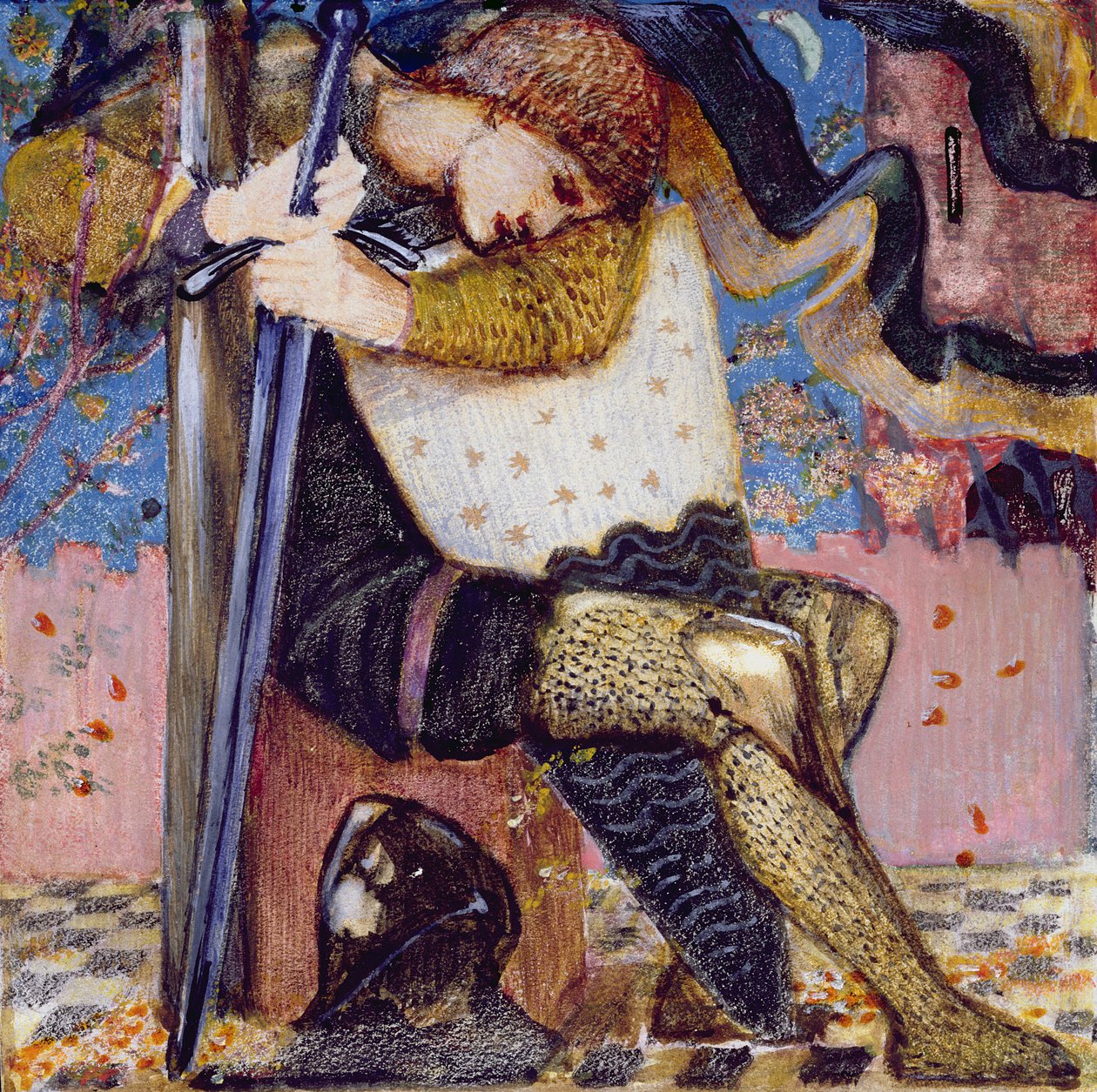 Artur z Excaliburem (gwasz i złota farba na welinie) autorstwa Edward Burne Jones