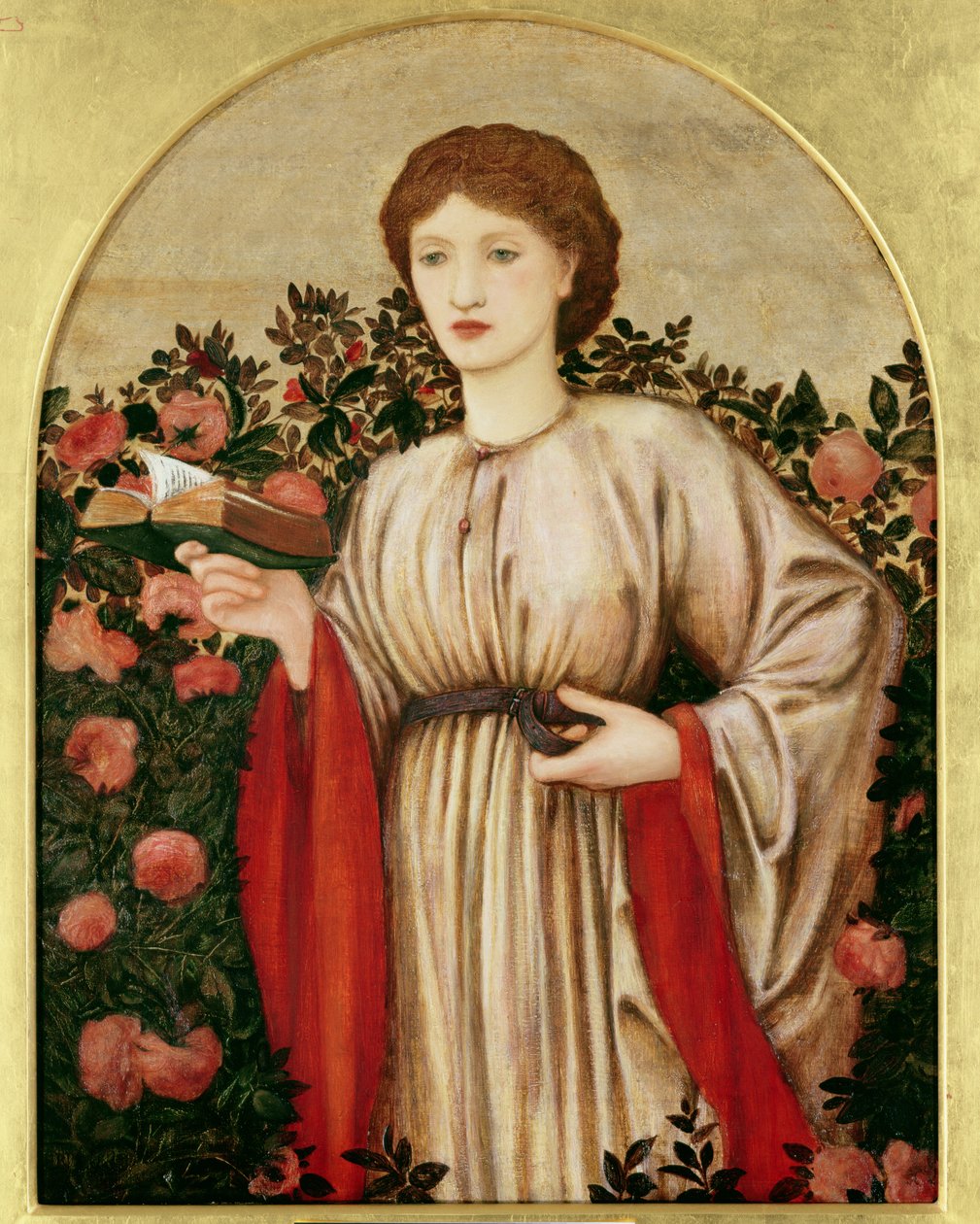Dziewczyna z książką z różami w tle autorstwa Edward Burne Jones