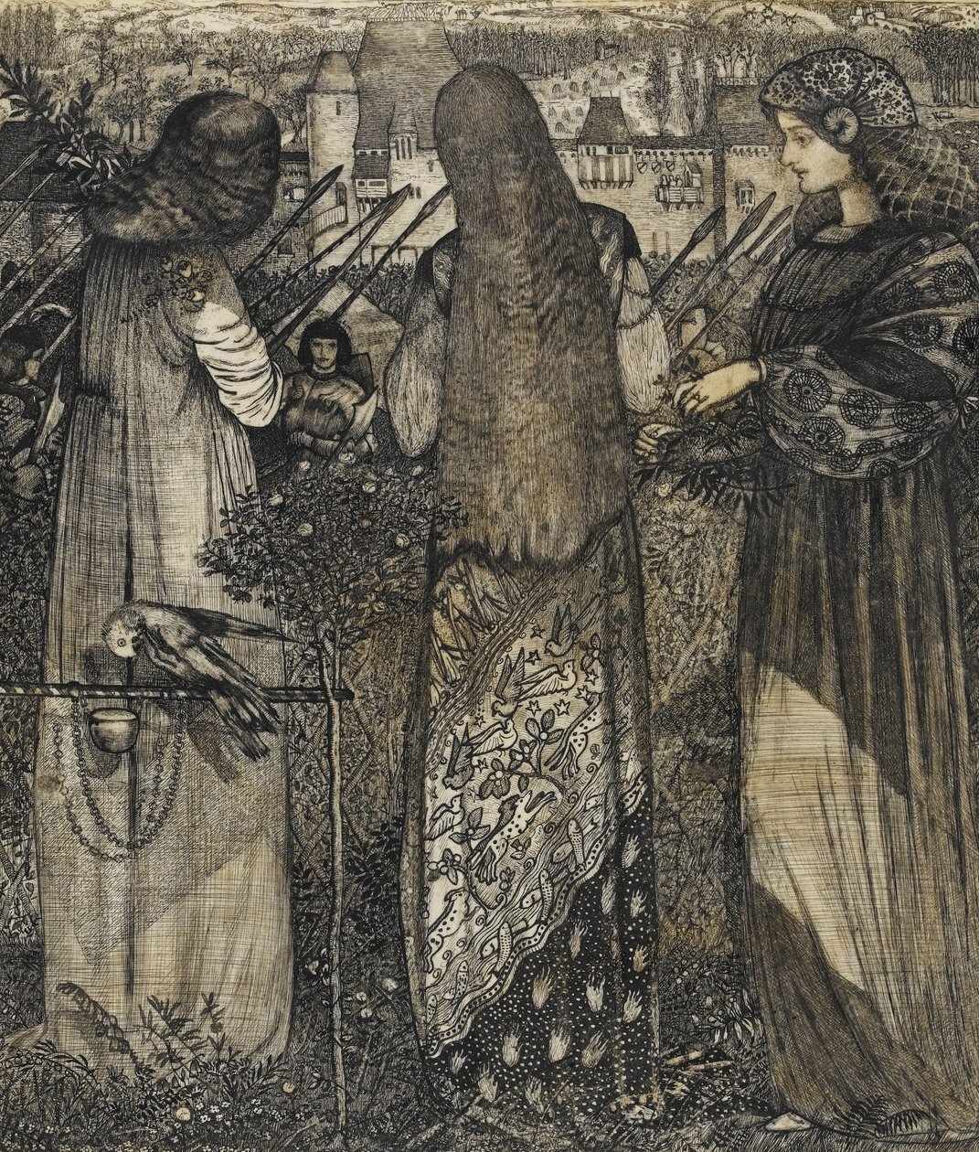 Idąc na bitwę, 1858 (tusz i pranie na welinie) autorstwa Edward Burne Jones