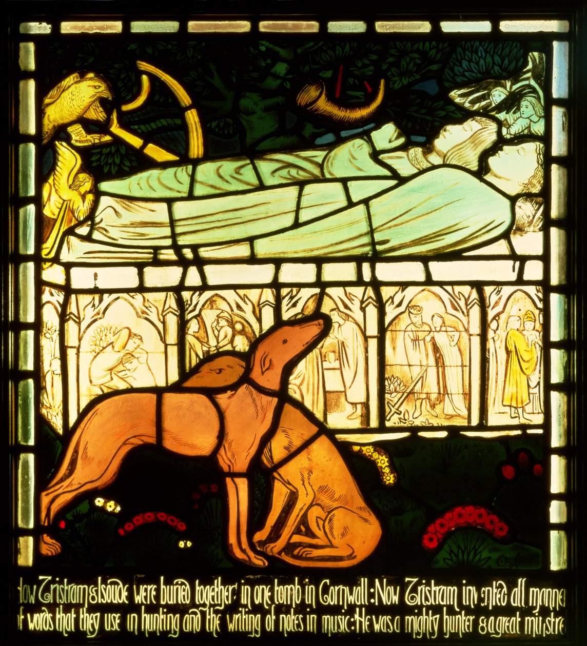 Grobowiec Tristana i Izoldy Pięknej, z „Historii Tristana i Izoldy”, William Morris und Co. (witraże) autorstwa Edward Burne Jones