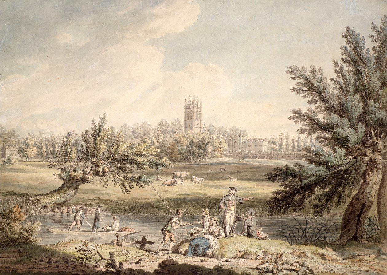 Magdalen College, Oksford, Widok z Cherwell Patrząc na północny zachód, 1791-92 (toaleta i pióro i atrament na papierze) autorstwa Edward Dayes