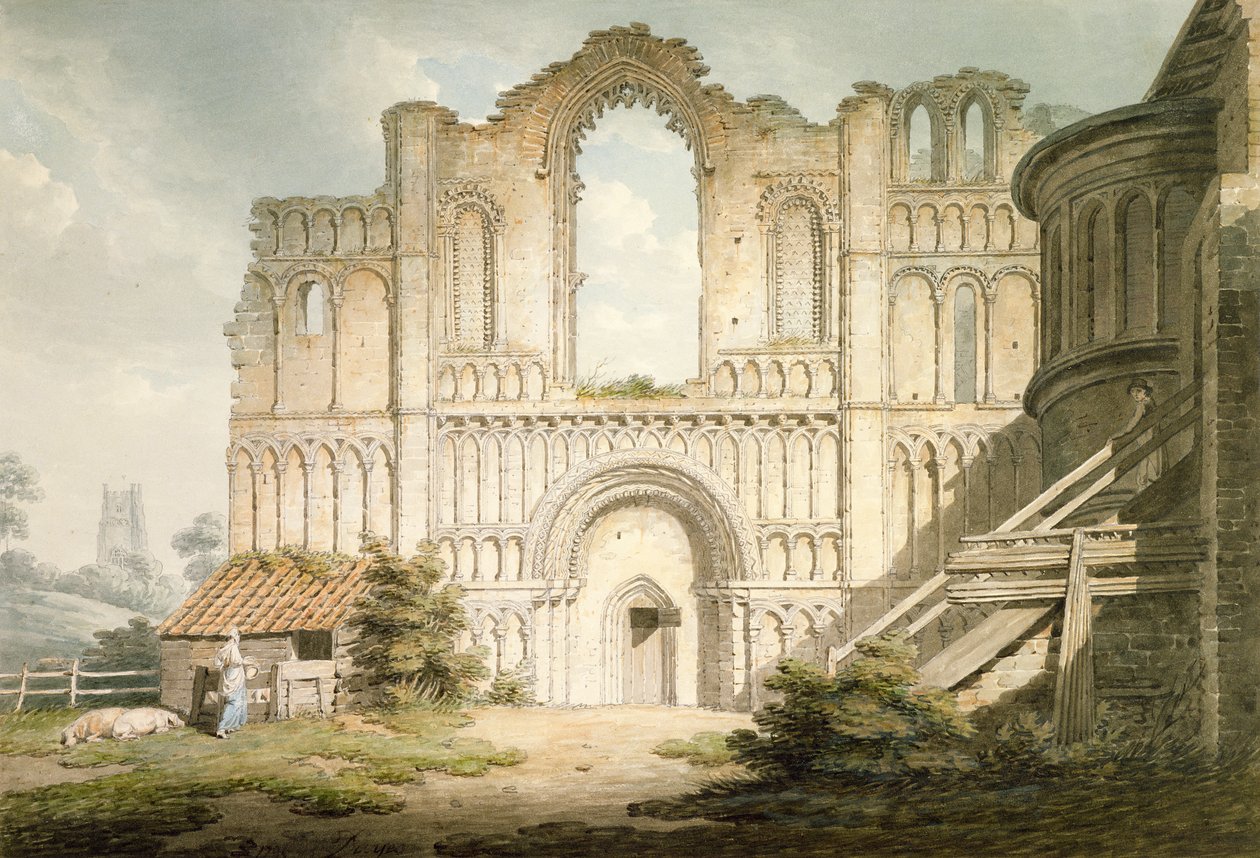 PD.56-1958 Норфолкийн Даунхэмийн ойролцоох Castle Acre Priory сүмийн баруун урд хэсэг, 1796 (цаасан дээрх усан будаг, харандаа)поли autorstwa Edward Dayes