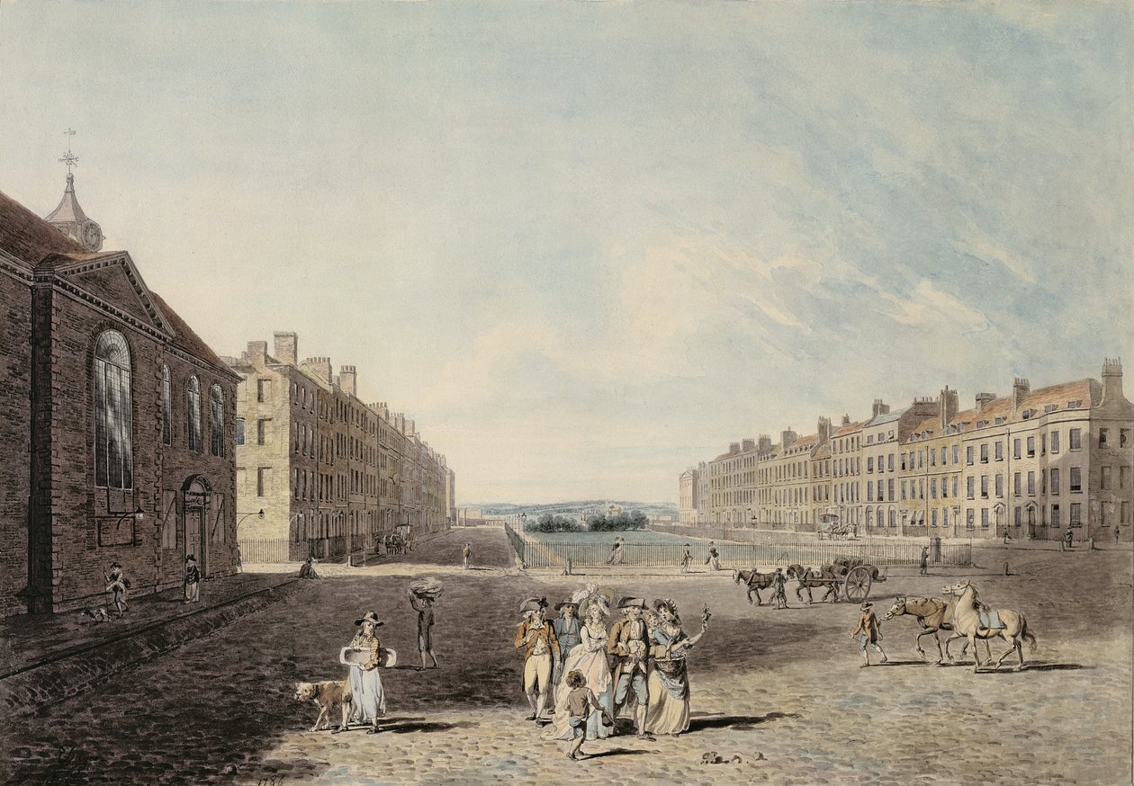 Queen Square, Londyn, 1786 (toaleta i pióro i atrament na grafitowym papierze tkanym) autorstwa Edward Dayes