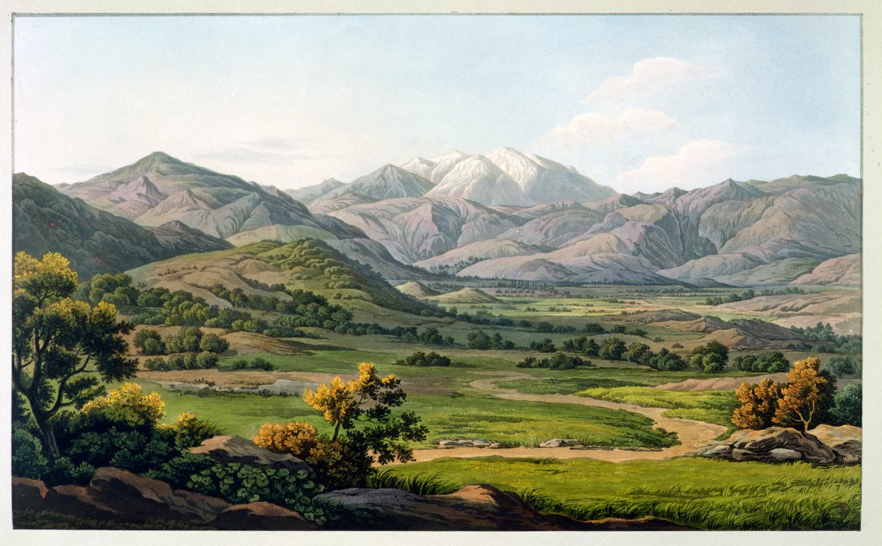 Góra Olimp, widziana między Larisą a Babą, tablica 22 z części 4 „Widoki w Grecji”, rytowana przez Roberta Havella, 1820 (akwatinta) autorstwa Edward Dodwell