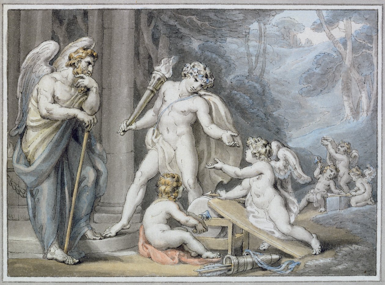 Apollo w kuźni Wulkana (pióro i atrament z praniem na papierze) autorstwa Edward Francis Burney