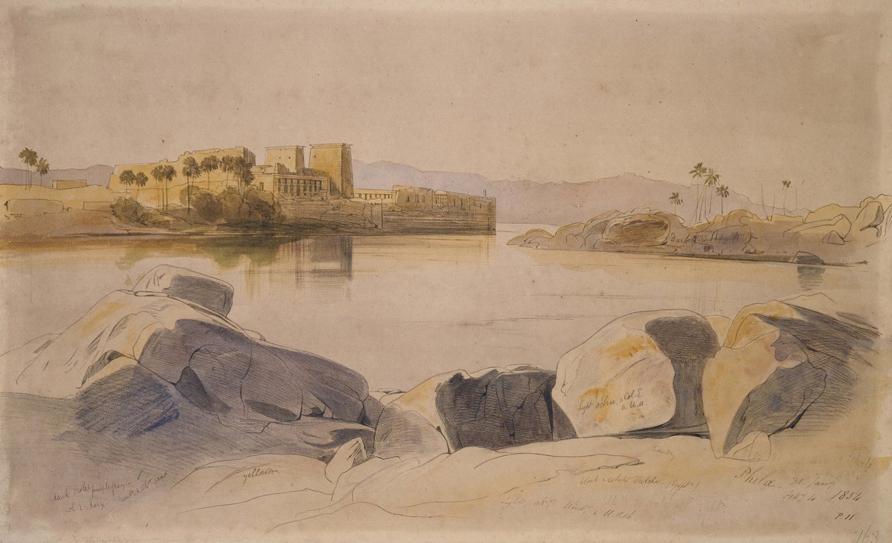 Philae, Egipt, 1854 (Pióro i czarny tusz, grafit i akwarela na brązowym papierze) autorstwa Edward Lear