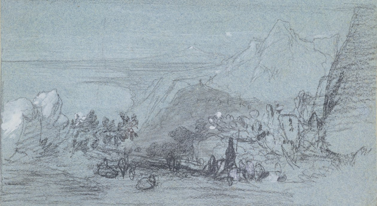 Taormina, z „Widoków Sycylii” (kreda i gwasz na niebieskim papierze) autorstwa Edward Lear