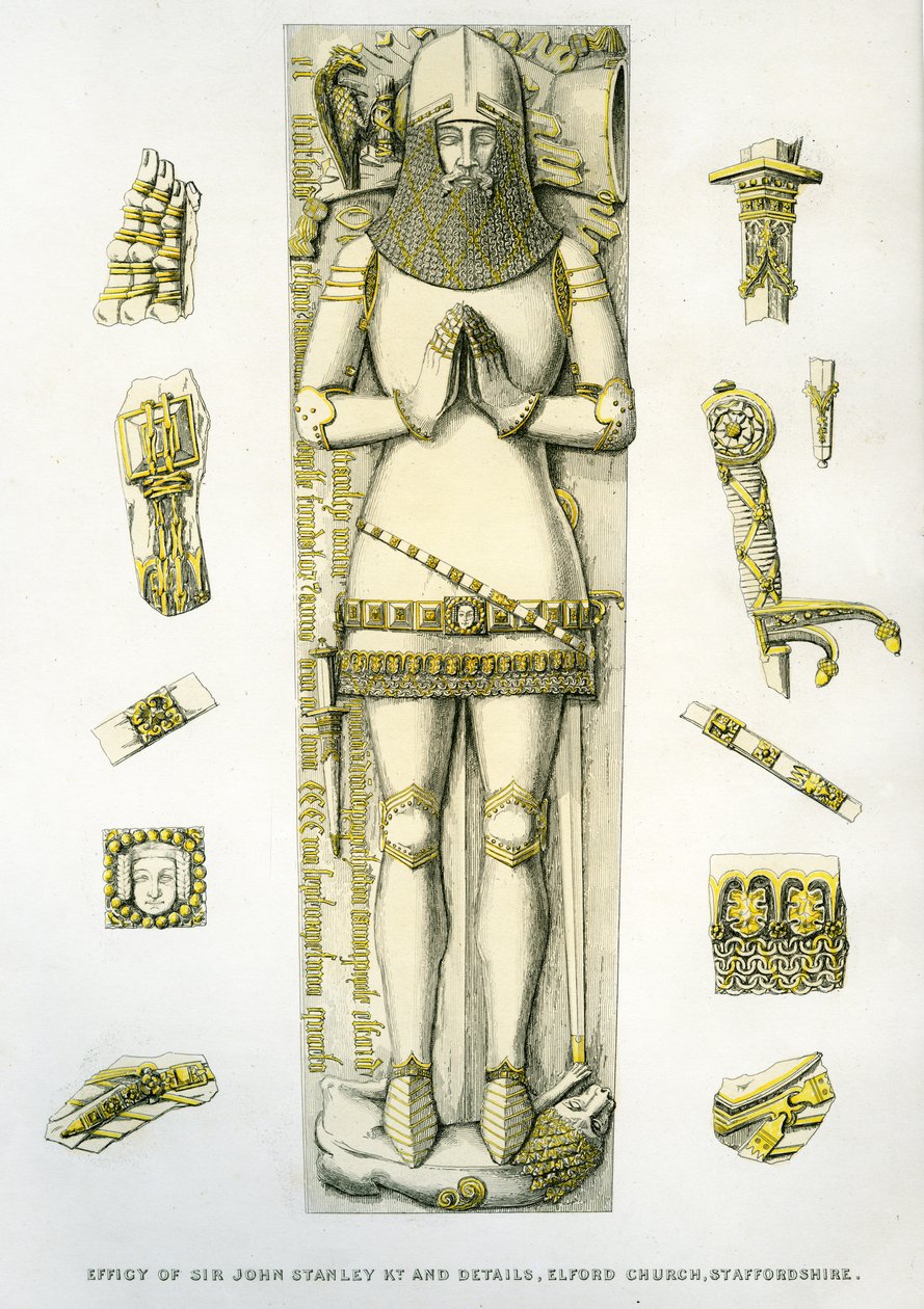 Wizerunek i detale zbroi grobowca sir Johna Stanleya, kościół św. Piotra, Elford, Staffordshire, Anglia, 1848-9 (rycina ręcznie kolorowana) autorstwa Edward M. Richardson