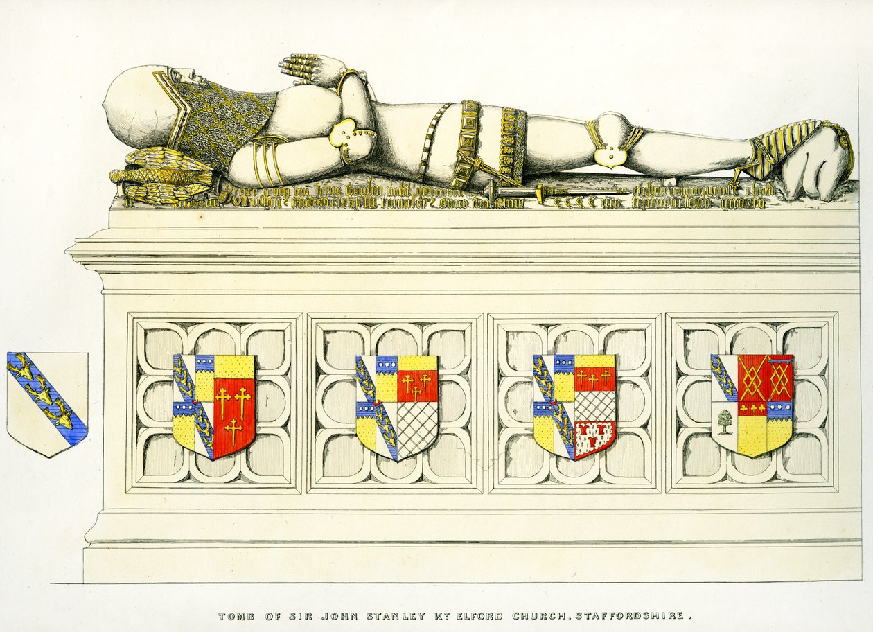 Wizerunek Sir Johna Stanleya, kościół św. Piotra, Elford, Staffordshire, Anglia, 1848-9 (ręcznie kolorowane grawerowanie) autorstwa Edward M. Richardson