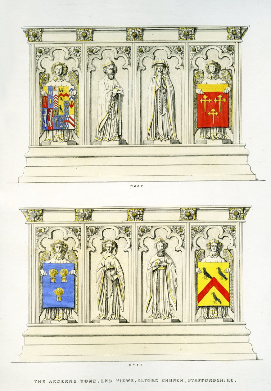 Grobowiec Arderne, kościół św. Piotra, Elford, Staffordshire, Anglia, 1848-9 (ręcznie kolorowane grawerunki) (patrz także 741543 i 779743) autorstwa Edward M. Richardson