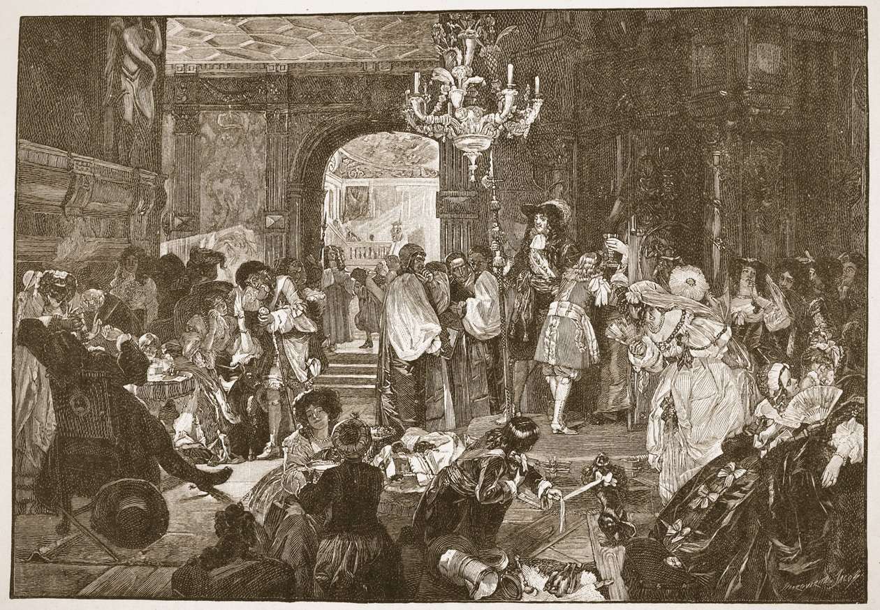 Przedpokój w Whitehall, w chwilach śmierci Karola II, ilustracja z „Kościoła anglikańskiego: historia dla ludu” autorstwa H.D.M. Spence-Jones, wyd. ok. 1910 (zdjęcie w sepii) autorstwa Edward Matthew Ward