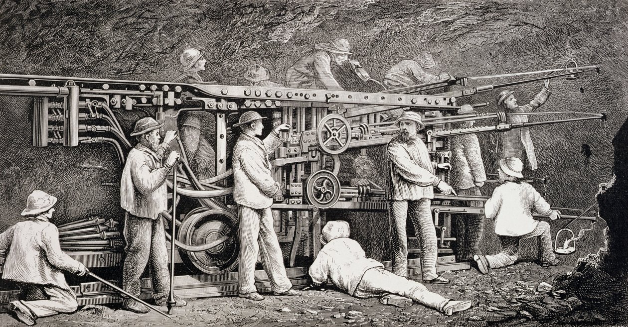 Galeria Advanced po francuskiej stronie tunelu Mont Cenis, z „Perforatrices” w pracy, z książki „The Ascent of the Matterhorn” Edwarda Whympera, opublikowanej w latach 60. i 80. XIX wieku autorstwa Edward Whymper