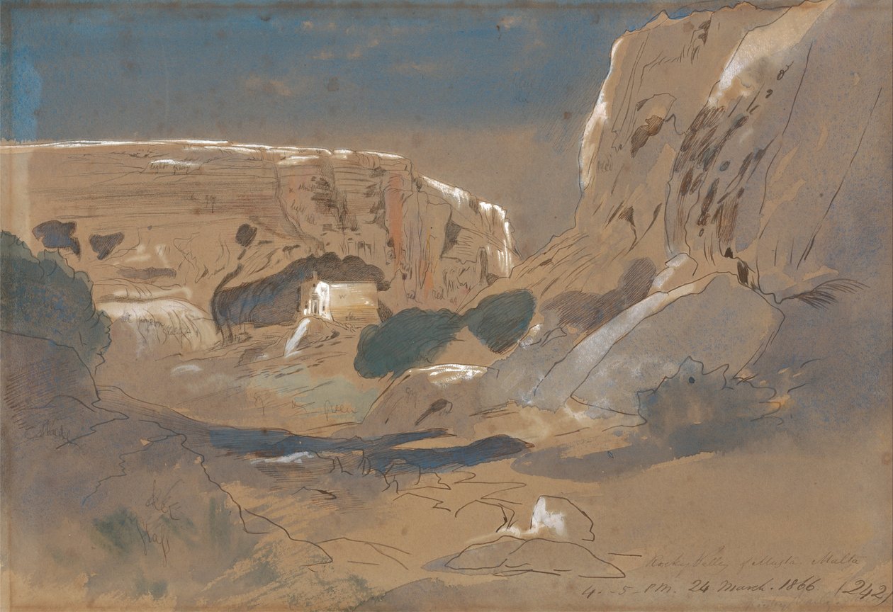 Skalista dolina Mosta, Malta autorstwa Edward Lear