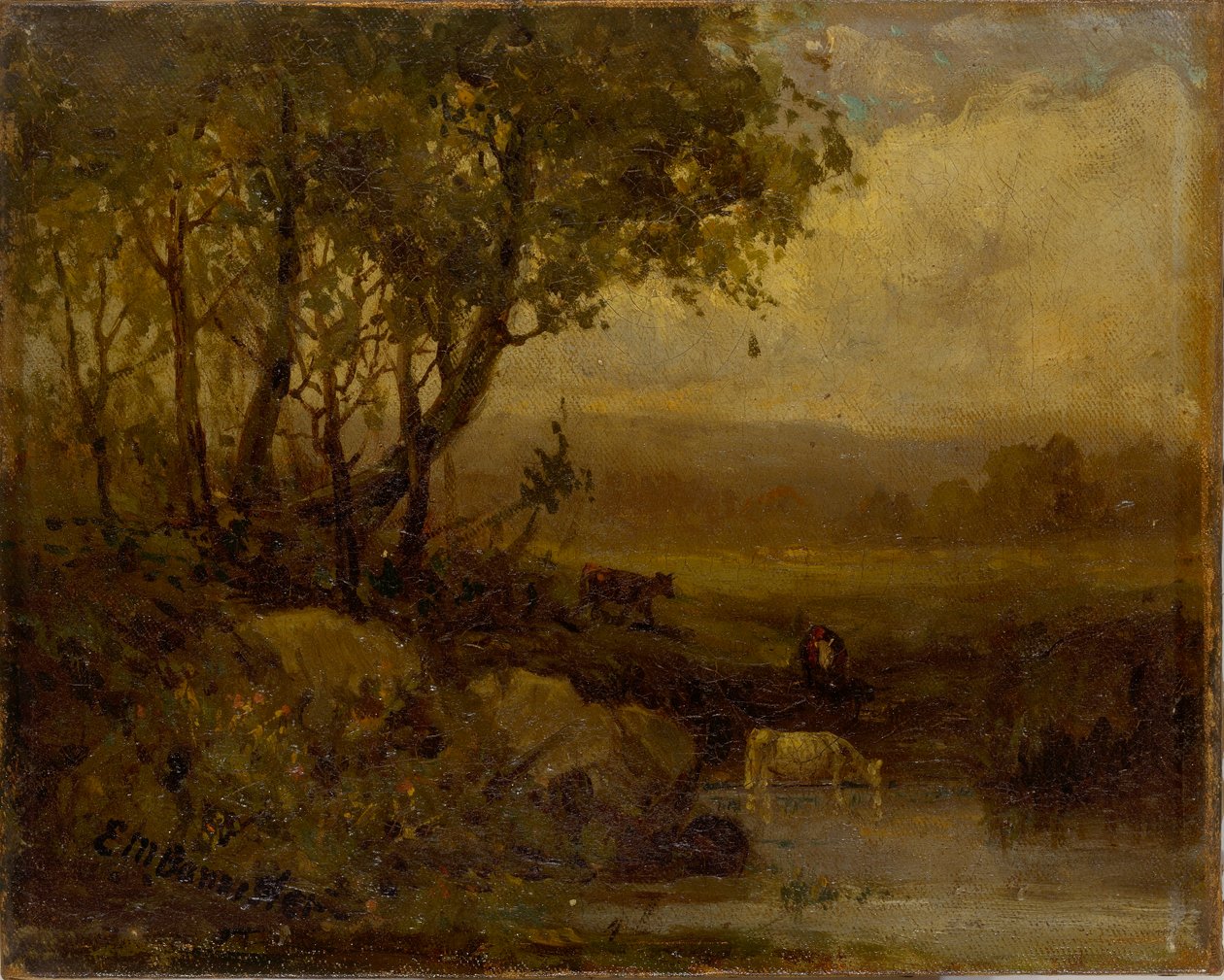 Bez tytułu (krajobraz, brzeg rzeki, trzy krowy) autorstwa Edward Mitchell Bannister
