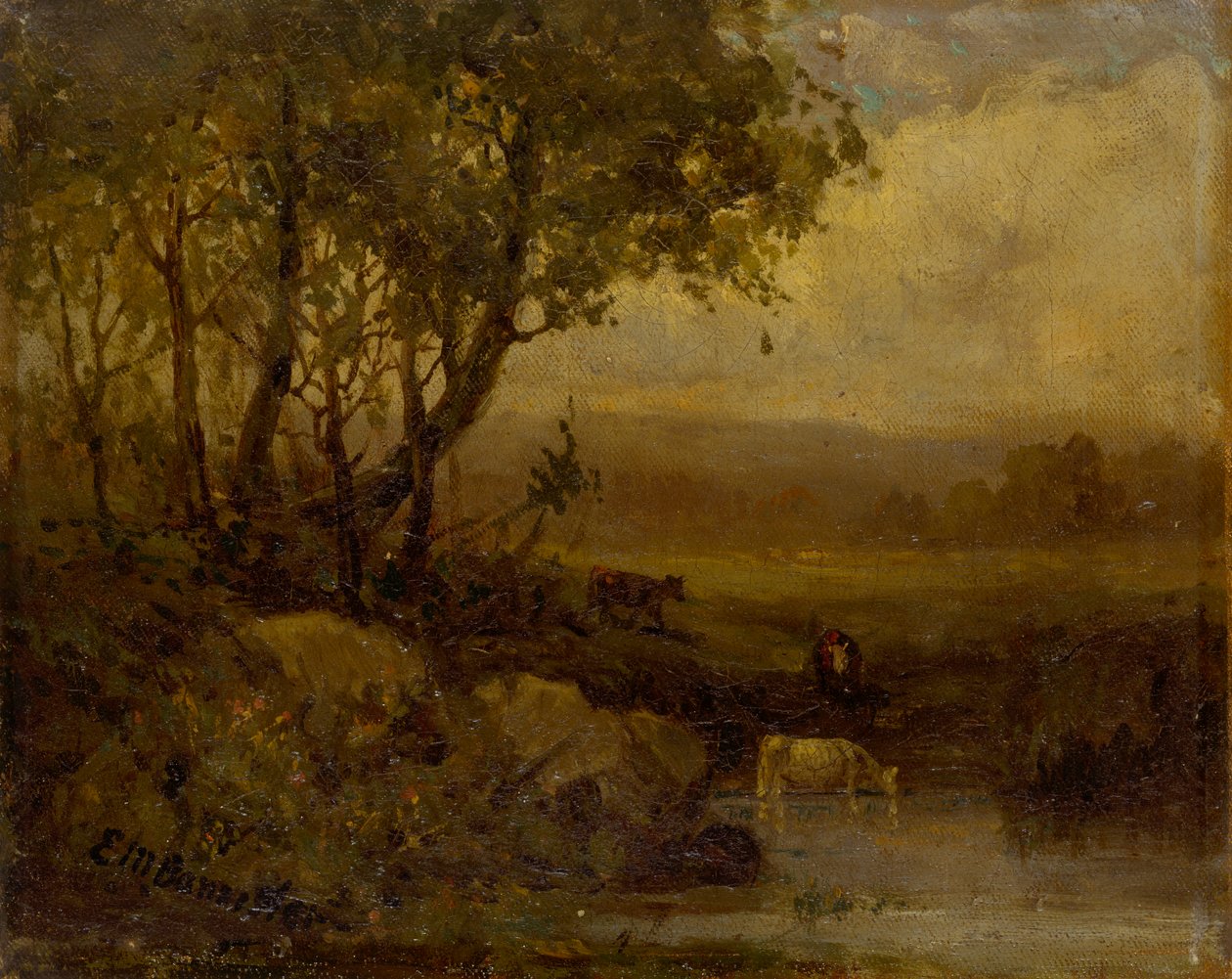 Krajobraz bez tytułu, brzeg rzeki, trzy krowy. autorstwa Edward Mitchell Bannister