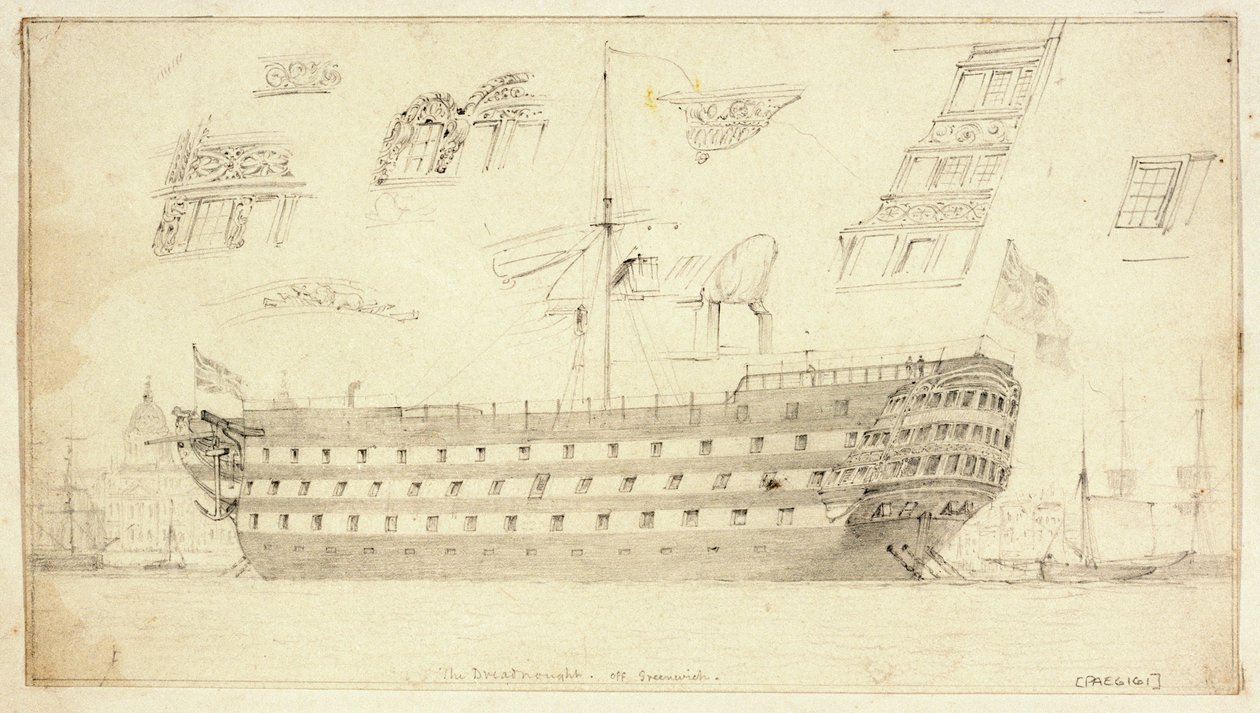 "Dreadnought" u wybrzeży Greenwich, ok. 1830 r. (grafit) autorstwa Edward William Cooke