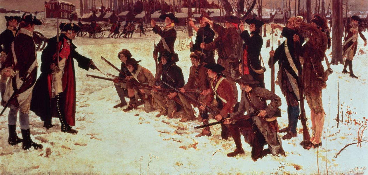 Baron von Steuben wierci amerykańskich rekrutów w Valley Forge w 1778, 1911 autorstwa Edwin Austin Abbey