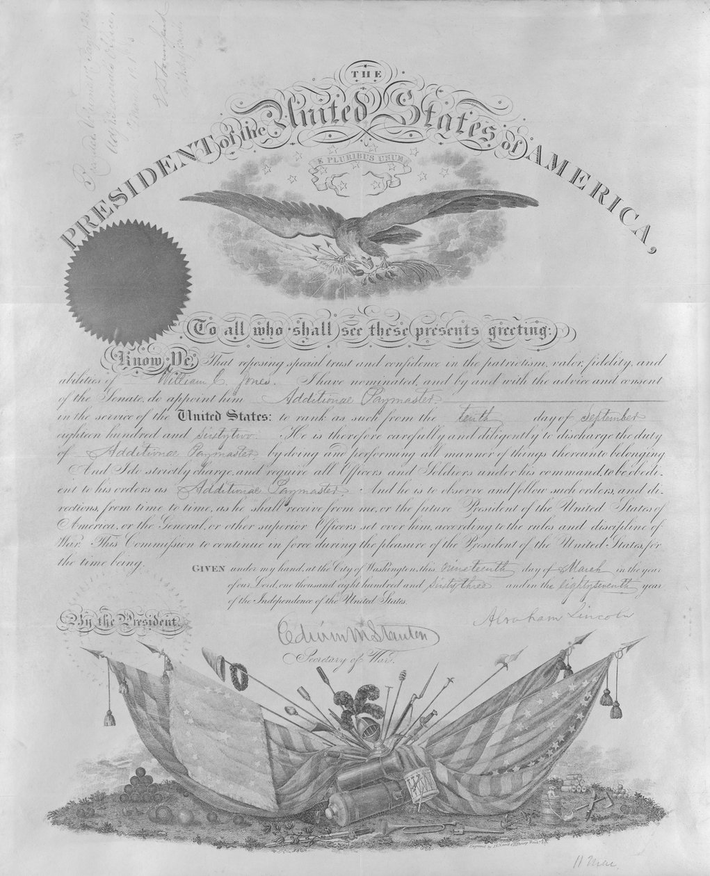 2. mianuje Jonesa dodatkowym płatnikiem w służbie Stanów Zjednoczonych. autorstwa Edwin M. Stanton