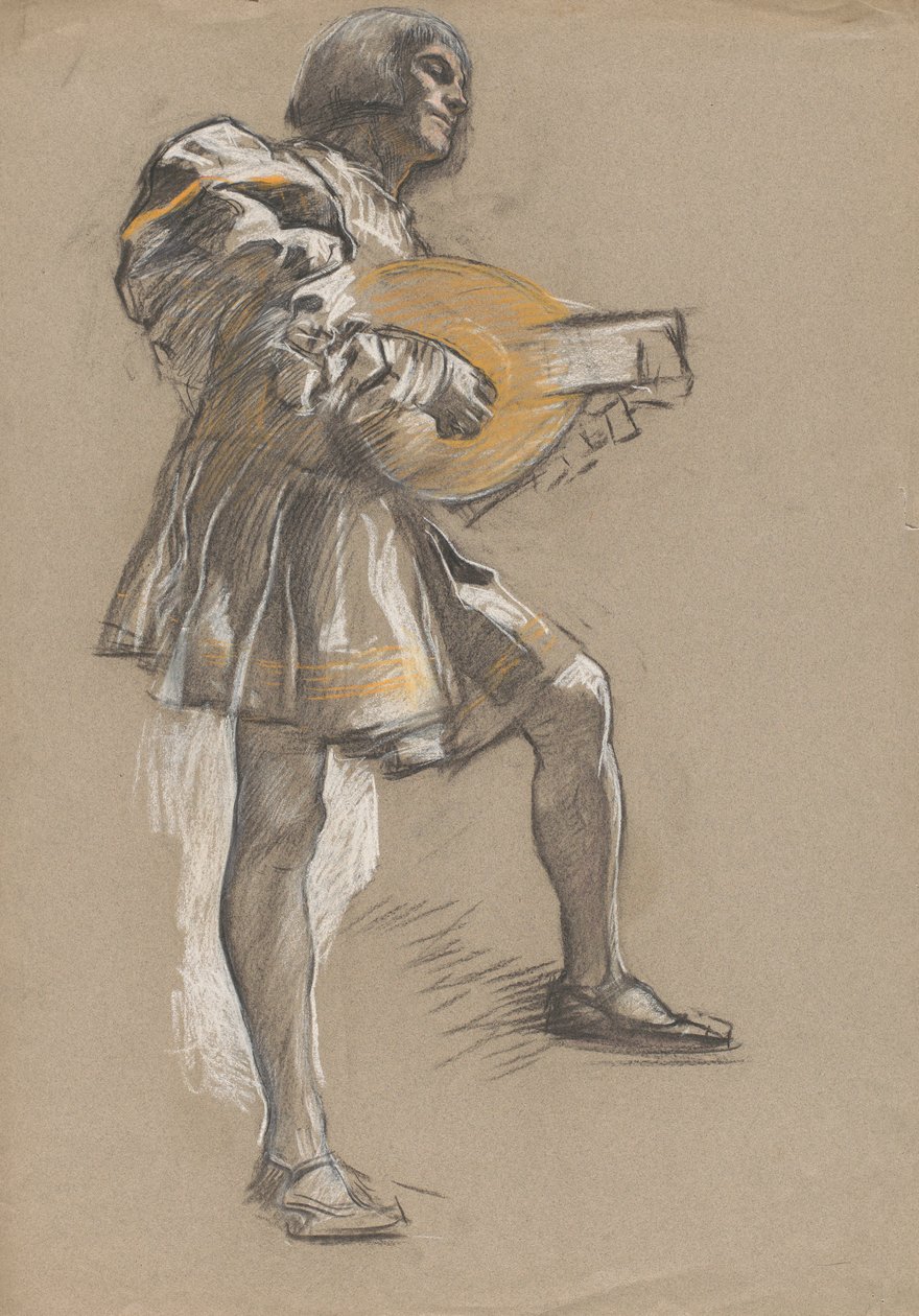 Figurka z mandoliną w średniowiecznym stroju. autorstwa Edwin Austin Abbey