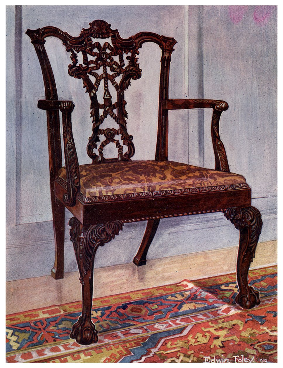 Fotel mahoniowy, styl Chippendale, 1911-1912. autorstwa Edwin Foley