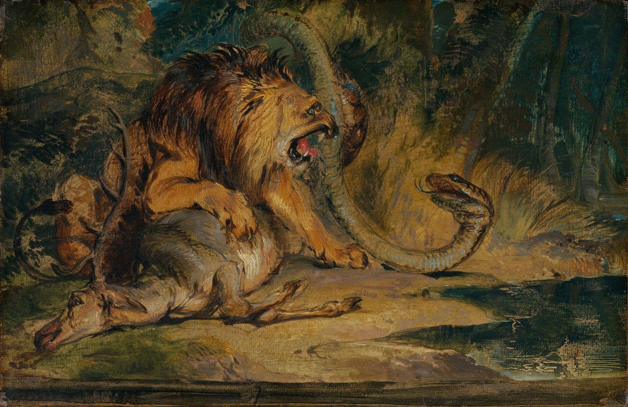 Lew w obronie swojej zdobyczy, c. 1840. autorstwa Edwin Henry Landseer
