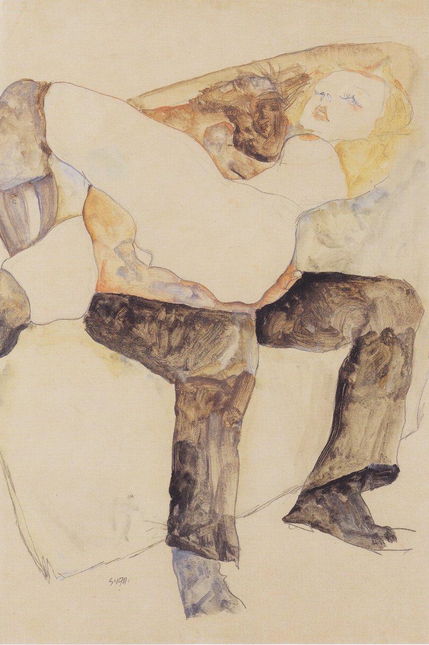 Mężczyzna trzymający kobietę na kolanach autorstwa Egon Schiele