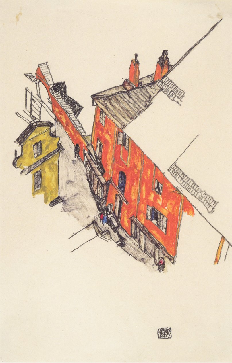 Stare domy dwuspadowe w Krumau od Schlossberg autorstwa Egon Schiele