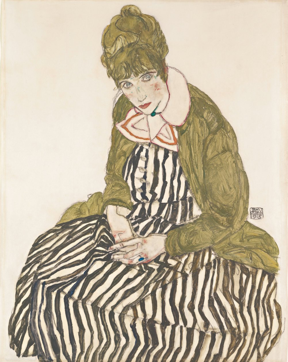 Edyta w sukience w paski, siedząca autorstwa Egon Schiele