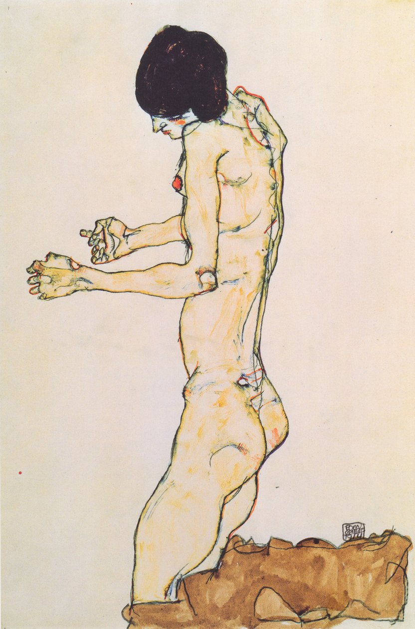 Klęcząca naga kobieca z rozpostartymi ramionami autorstwa Egon Schiele