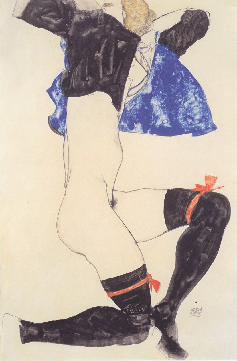 Pół czasu leżąc w czarnych pończochach autorstwa Egon Schiele