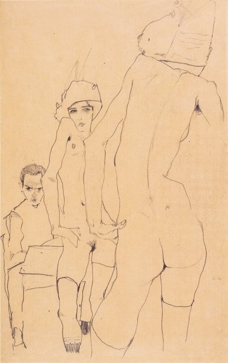 Schiele z nagą modelką przed lustrem autorstwa Egon Schiele