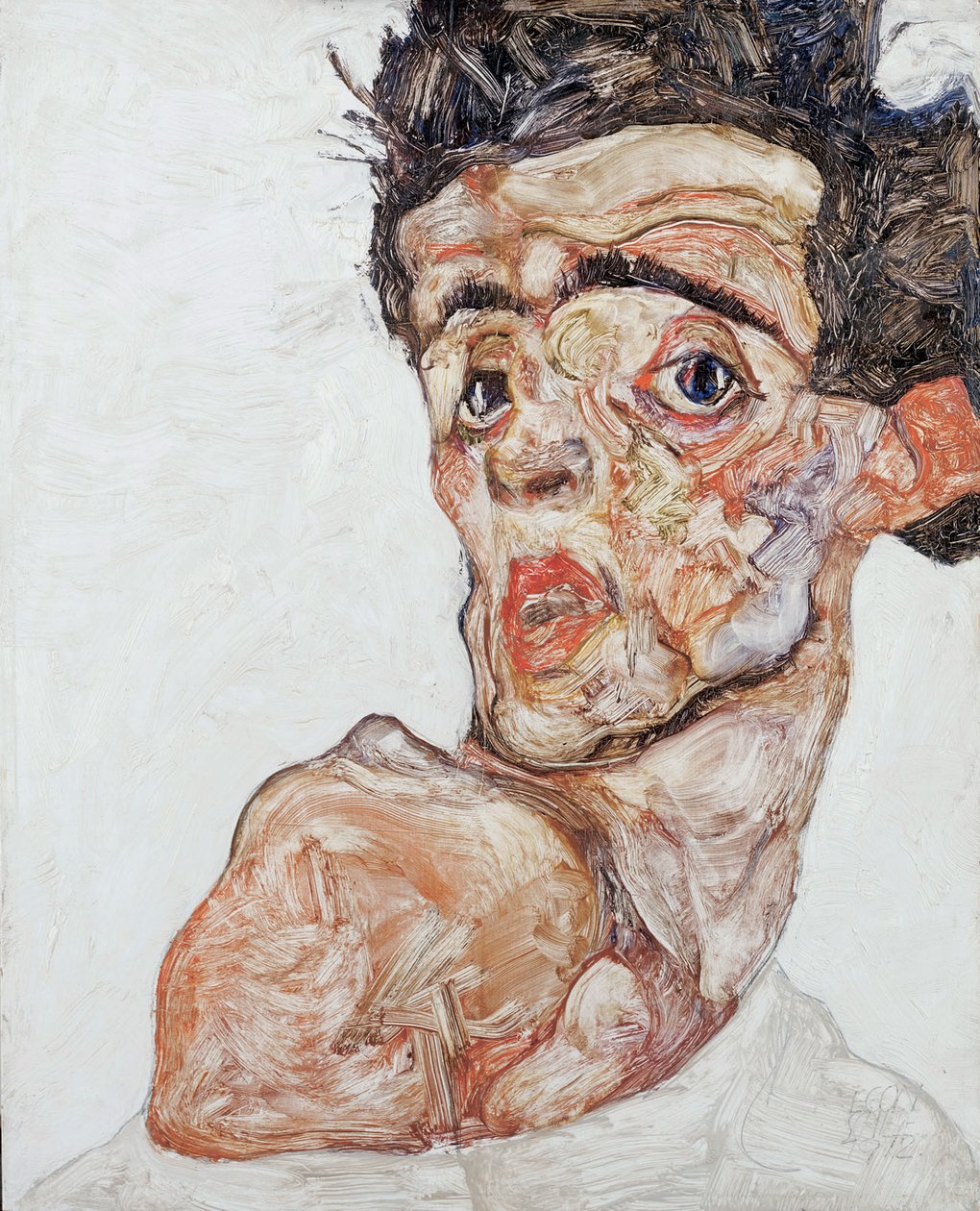 Өргөгдсөн нүцгэн мөртэй өөрийн хөрөг зураг, 1912 он autorstwa Egon Schiele