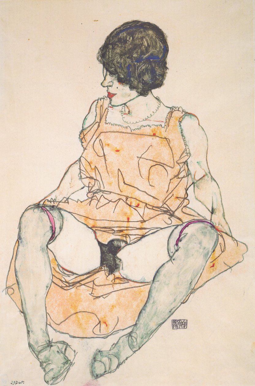 Siedząca kobieta z wypchniętą w górę sukienką autorstwa Egon Schiele