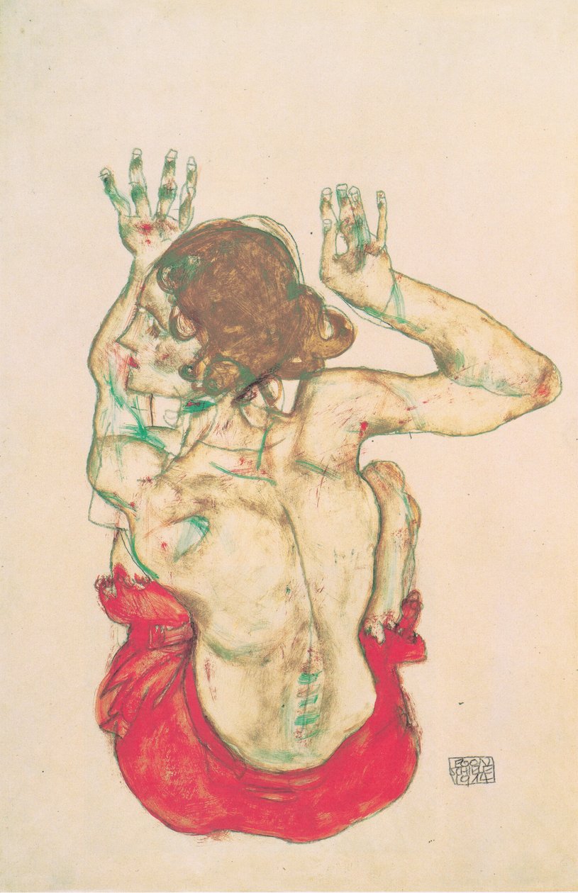 Siedząca kobieca naga od tyłu z czerwoną spódniczką autorstwa Egon Schiele