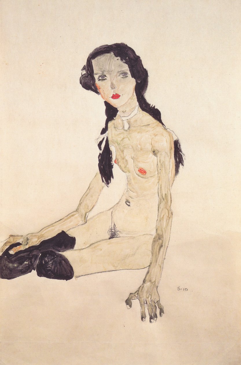 Siedząca dziewczyna z kucykiem autorstwa Egon Schiele