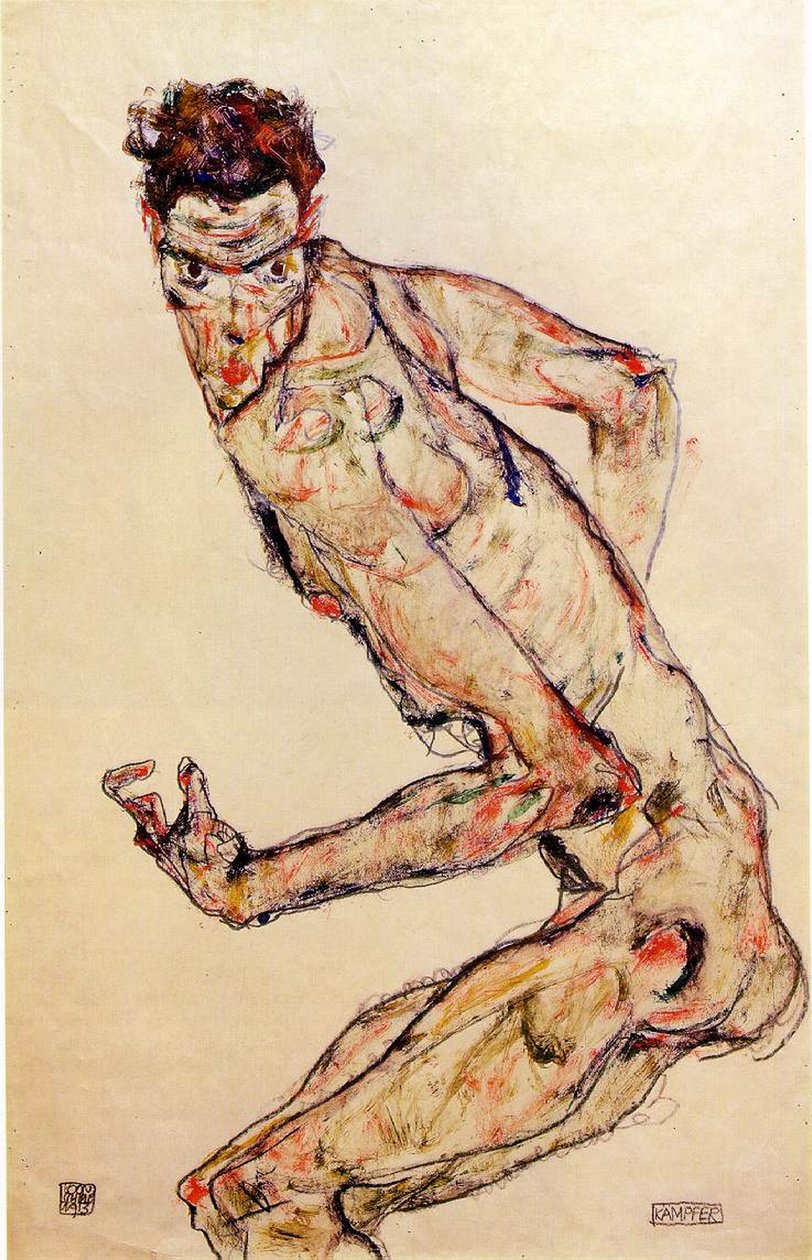 Wojownik, 1913 (gwasz i ołówek na papierze) autorstwa Egon Schiele