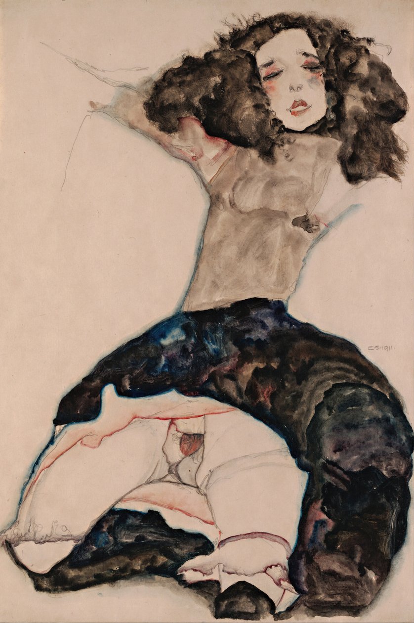 Czarnowłosa dziewczyna z podniesioną spódnicą, 1911 autorstwa Egon Schiele