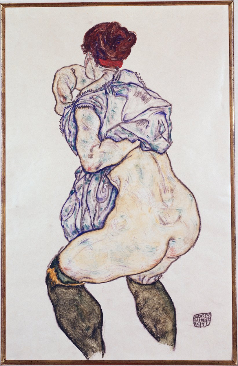 Pani Halbakt w zielonych pończochach, 1917 autorstwa Egon Schiele