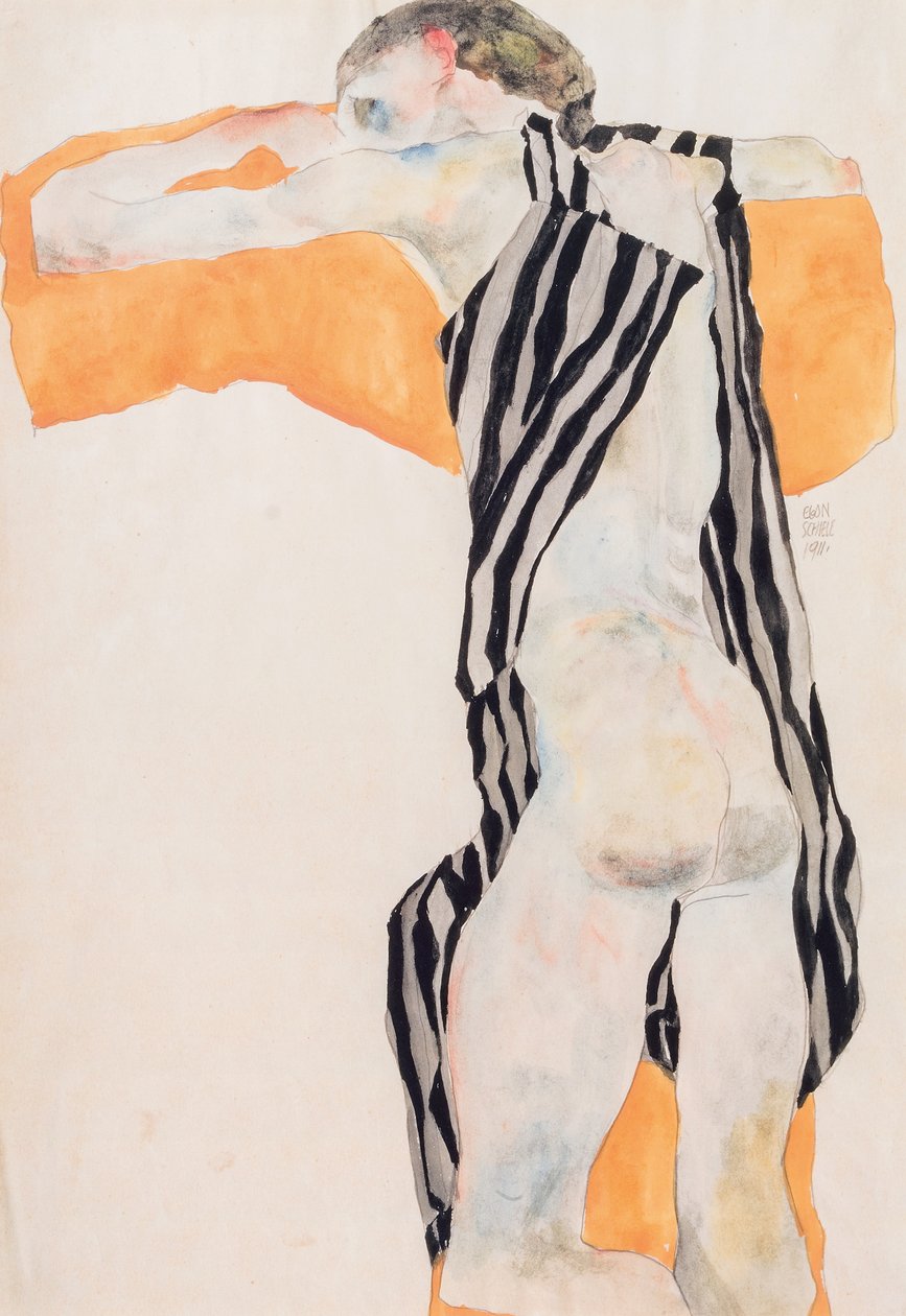 Leżąca naga dziewczyna w pasiastym kitlu, 1911. autorstwa Egon Schiele