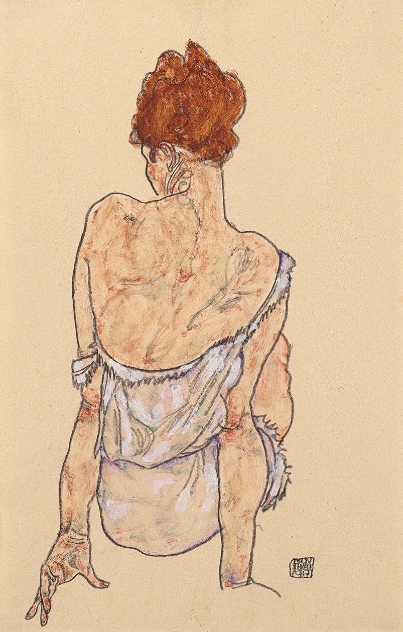 Siedząca kobieta w bieliźnie, widok z tyłu, 1917 autorstwa Egon Schiele