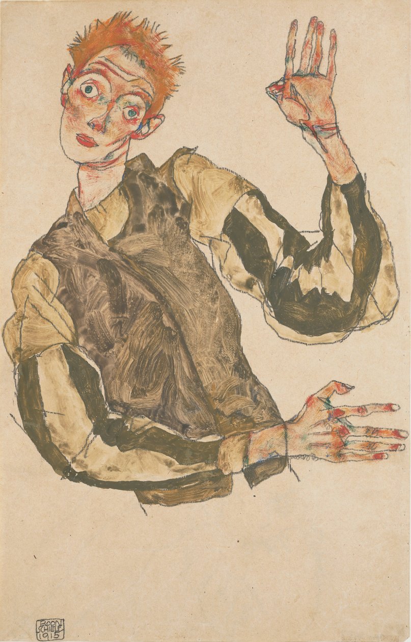 Autoportret z naramiennikami w paski, 1915 autorstwa Egon Schiele