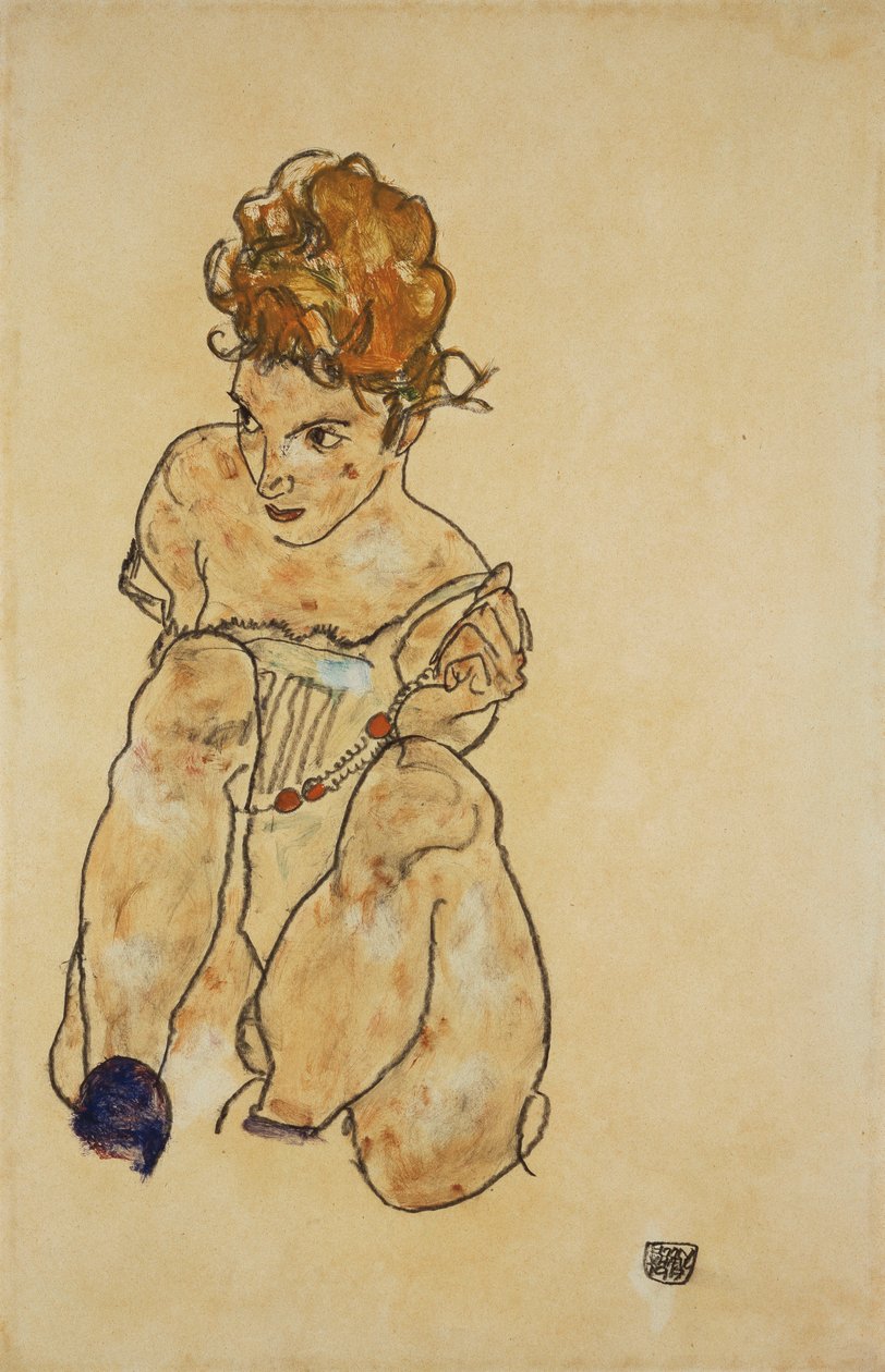 Siedząca dziewczyna w bieliźnie, 1917 autorstwa Egon Schiele