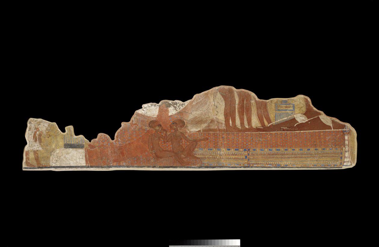 Fragment malowidła ściennego z prywatnego domu, przedstawiającego dwie młodsze córki faraona Akhenatena i królowej Nefertiti siedzące u stóp rodziców, znalezione w Tell el-Amarna, Nowe Królestwo (mur pa autorstwa Egyptian 18th Dynasty