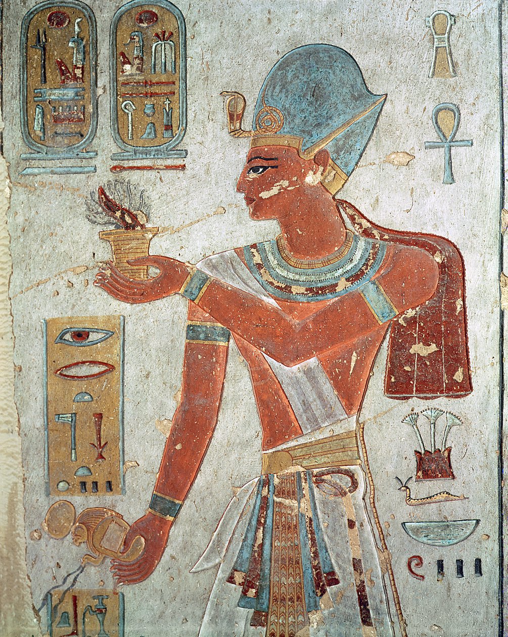 Ramzes III (ok.1184-1153 pne) w stroju bojowym, z grobu Ramzesa III, Nowe Państwo (malowidło ścienne) autorstwa Egyptian 19th Dynasty