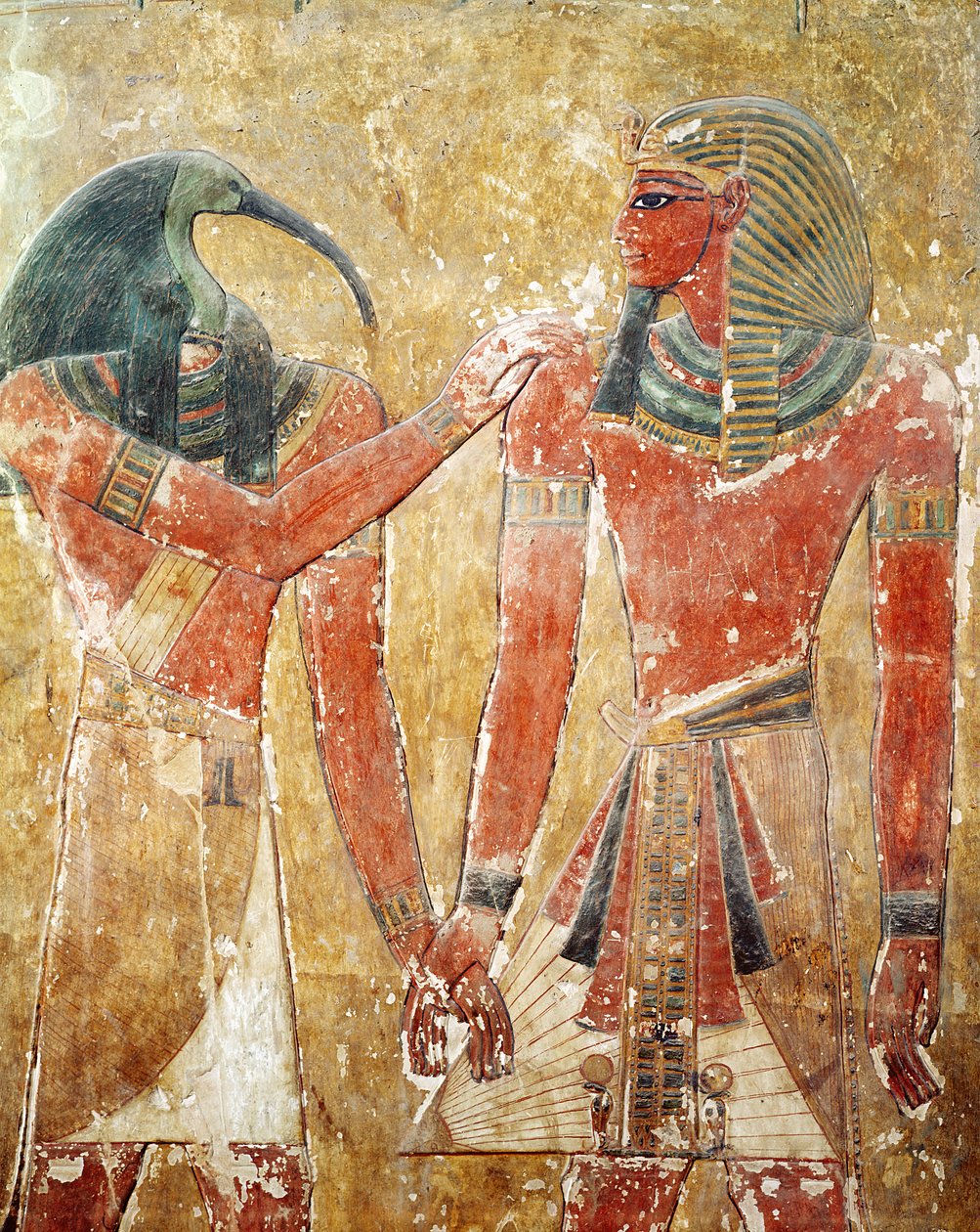 Bóg Thoth z Seti I (1394-1279 p.n.e.) w grobowcu Seti I, Nowe Królestwo (malowany kamień) autorstwa Egyptian 19th Dynasty