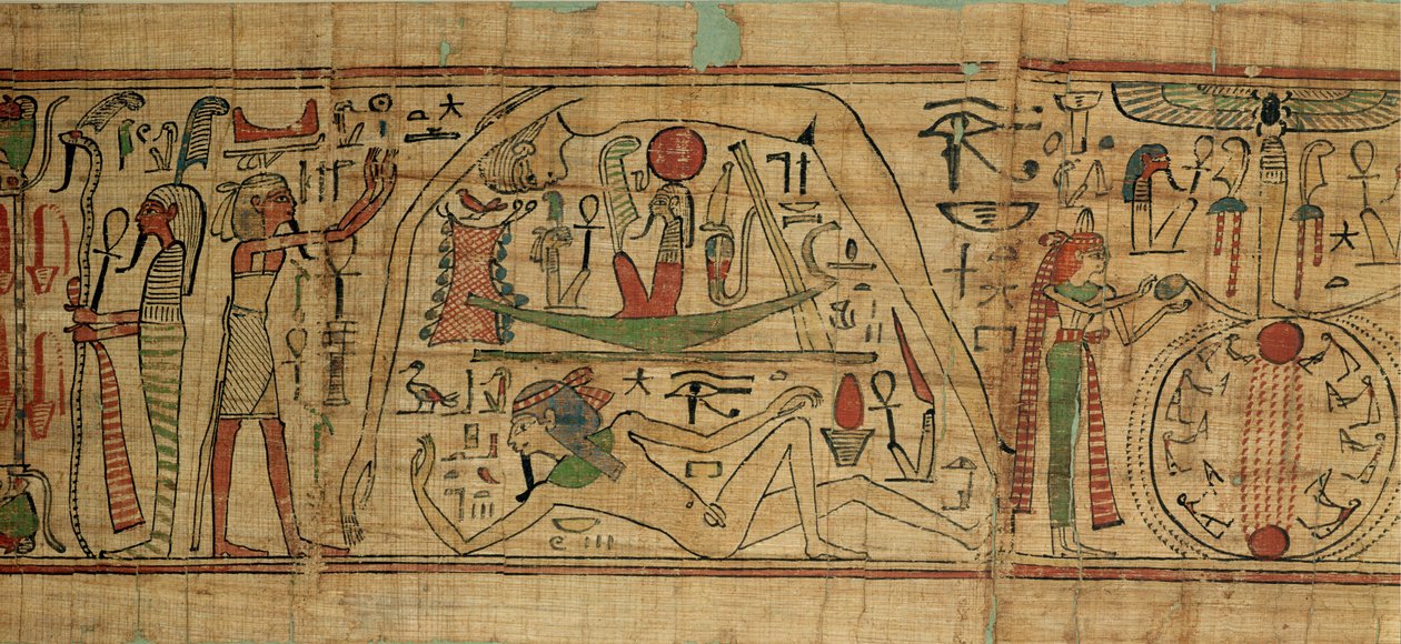 Fragment papirusu Nespakashuty przedstawiający boga Geba (ziemia) oddzielonego od swojej żony, boginię Nut (niebo) Trzeci okres pośredni (papirus) autorstwa Egyptian 21st Dynasty