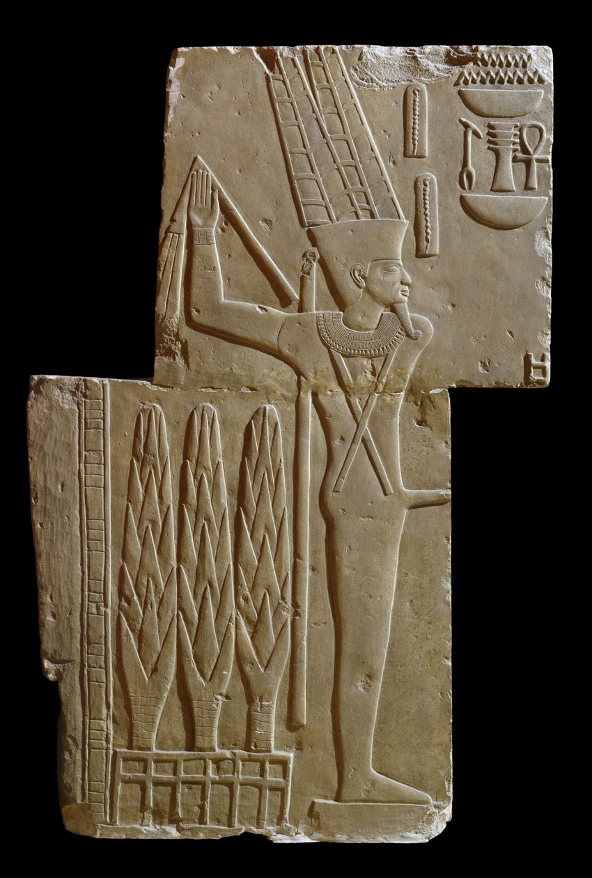 Płaskorzeźba boga Min (wapień) autorstwa Egyptian