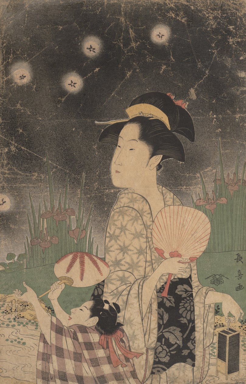 Kobieta i dziecko łapiące świetliki, ca. 1793. autorstwa Eishōsai Chōki