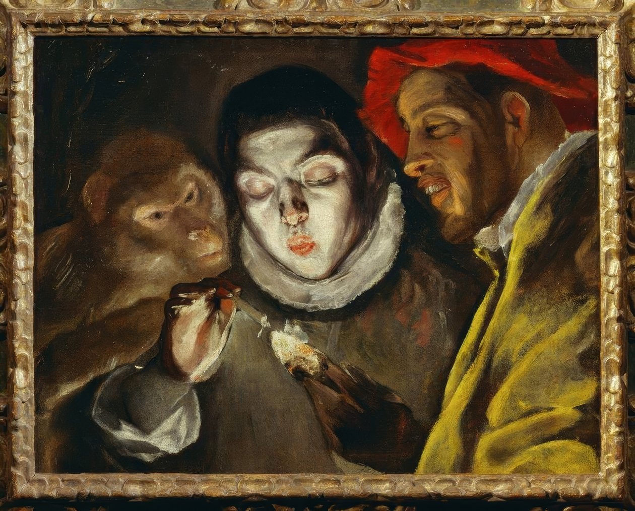 Małpa, chłopiec i mężczyzna zapalają świecę autorstwa El Greco